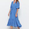 Trendyol Indigo Belted A-Cut Double Breasted Collar Back Detail Midi Woven Dress