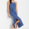 Trendyol Indigo Belted Straight Cut Slit Detailed Midi Woven Dress