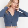 Trendyol Indigo Button Detailed Fitted Crop Polo Neck Ribbed Stretchy Knitted Blouse