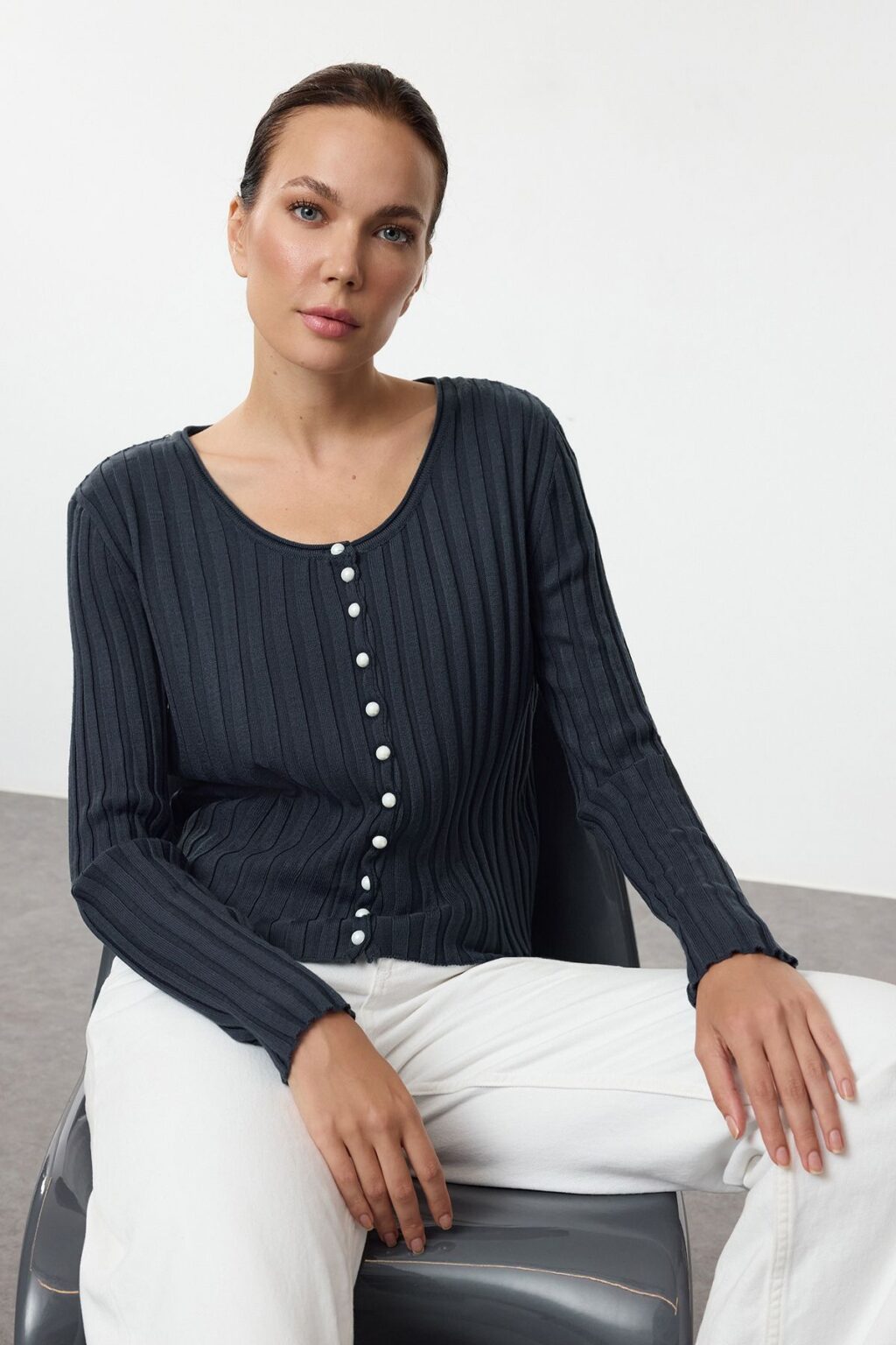 Trendyol Indigo Button Detailed Knitwear Cardigan