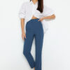 Trendyol Indigo Cigarette Pattern Darted High Waist Ankle Length Woven Fabric Trousers