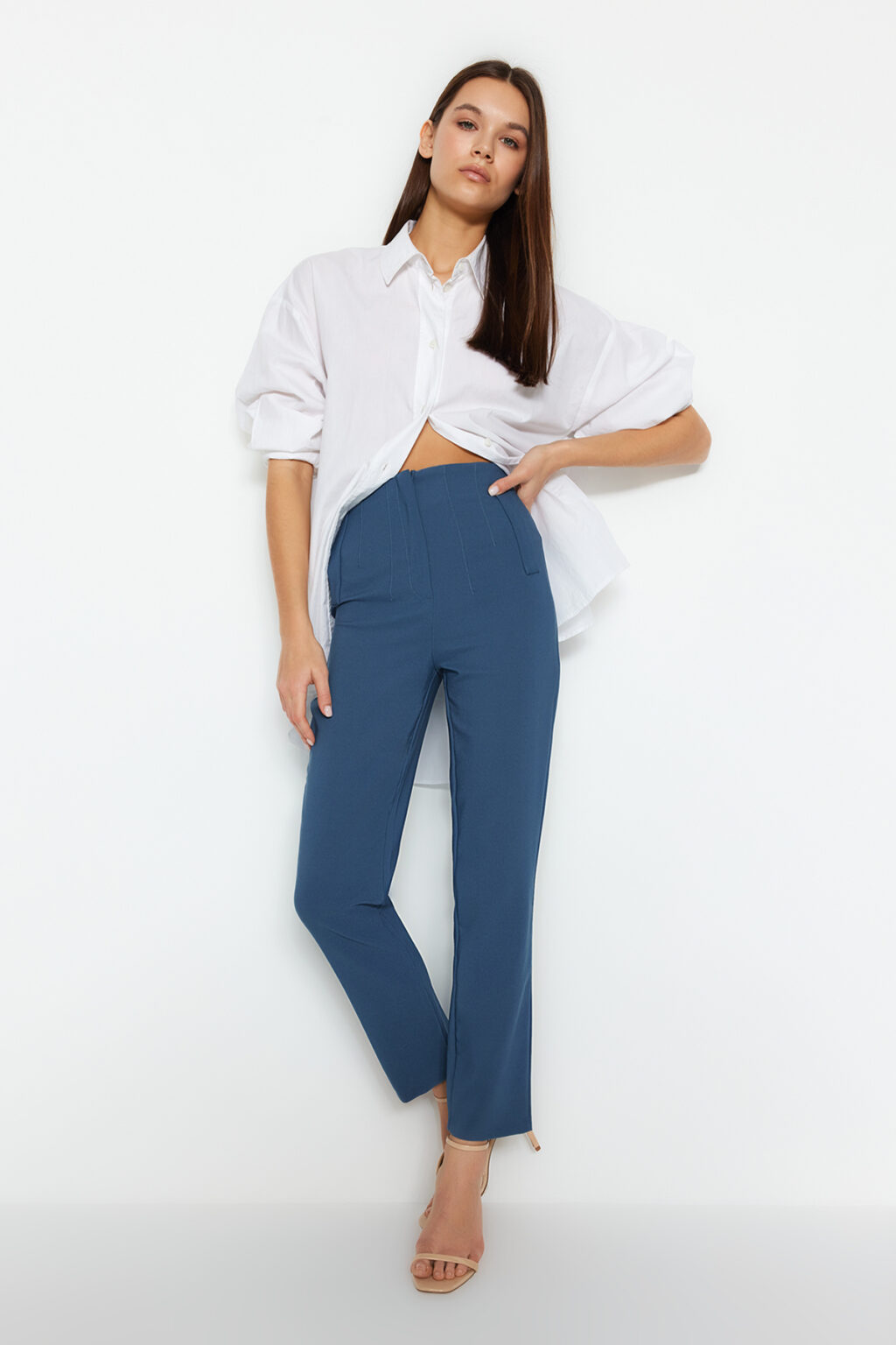 Trendyol Indigo Cigarette Pattern Darted High Waist Ankle Length Woven Fabric Trousers