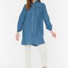 Trendyol Indigo Contrast Stitched Woven Linen Look Natural Fabric Shirt