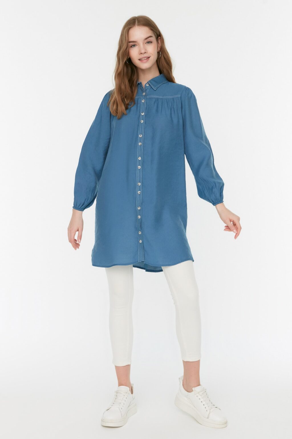 Trendyol Indigo Contrast Stitched Woven Linen Look Natural Fabric Shirt