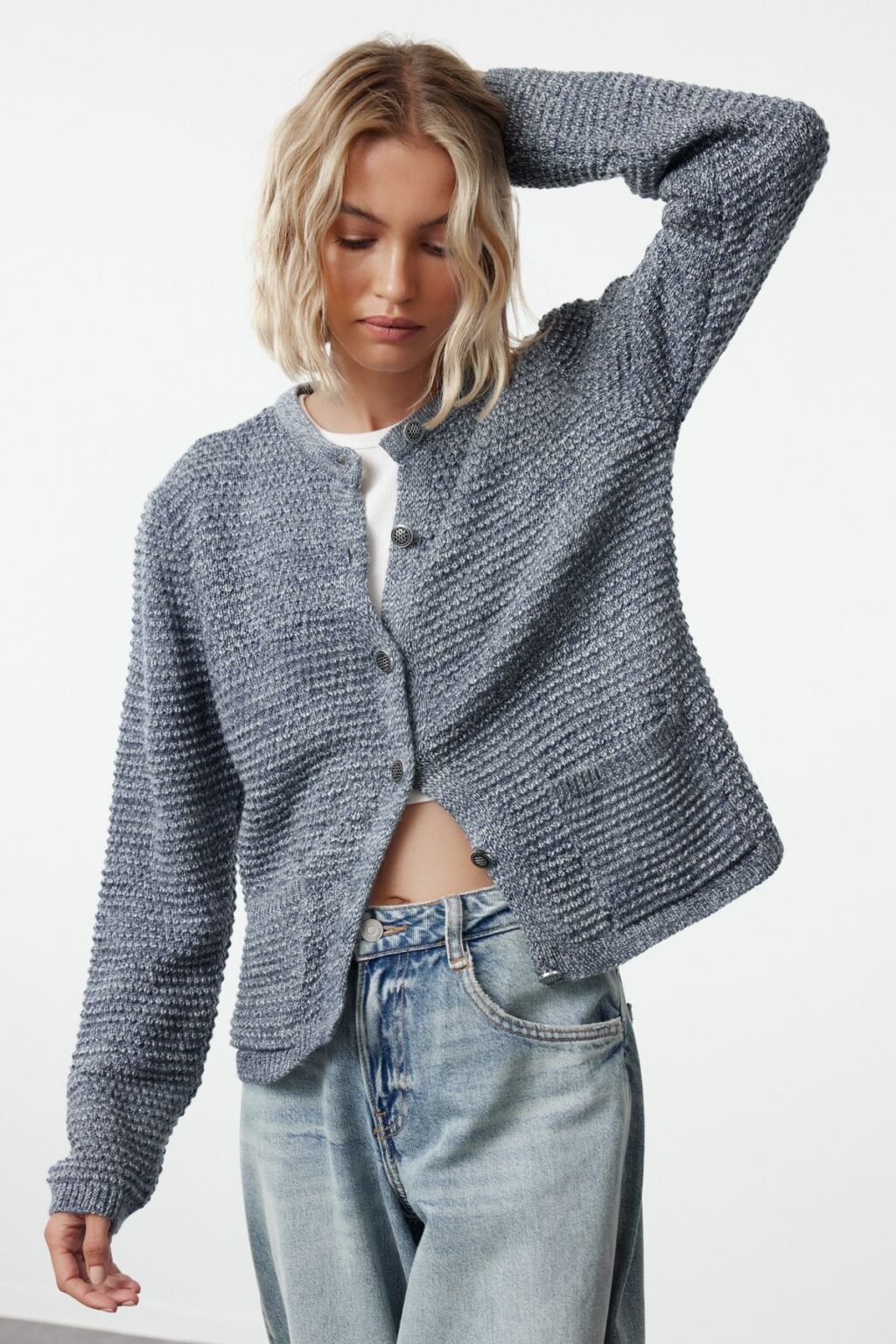 Trendyol Indigo Crew Neck Knitted Cardigan