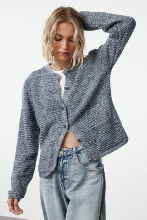 Trendyol Indigo Crew Neck Knitted Cardigan Trendyol Indigo Crew Neck Knitted Cardigan
