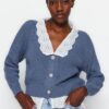 Trendyol Indigó Crop szőtt Garni Részletes kötöttáru Cardigan