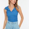 Trendyol Indigo Fitted Crop Polo Neck Crepe Knitted Blouse