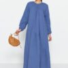 Trendyol Indigo Gathered Detail 100% Cotton Muslin Wide Fit Lined Woven Dress