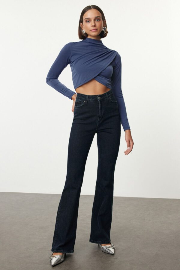 Trendyol Indigo High Collar Draped Crop Blouse