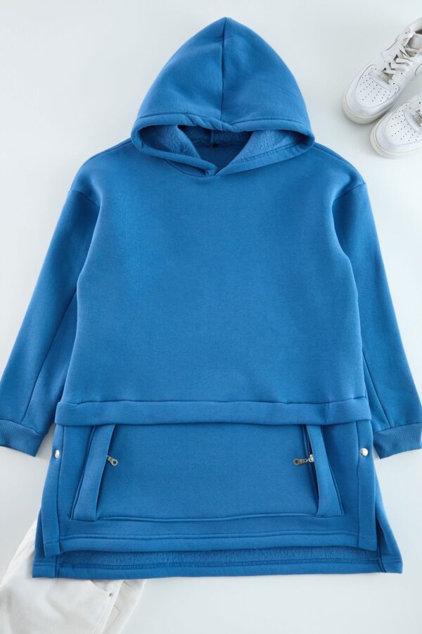 Trendyol Indigo Hooded Pocket Detailed Knitted Sweatshirt