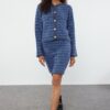 Trendyol Indigo Knit Detailed Soft Texture Cardigan-Skirt Knitwear Bottom-Top Set