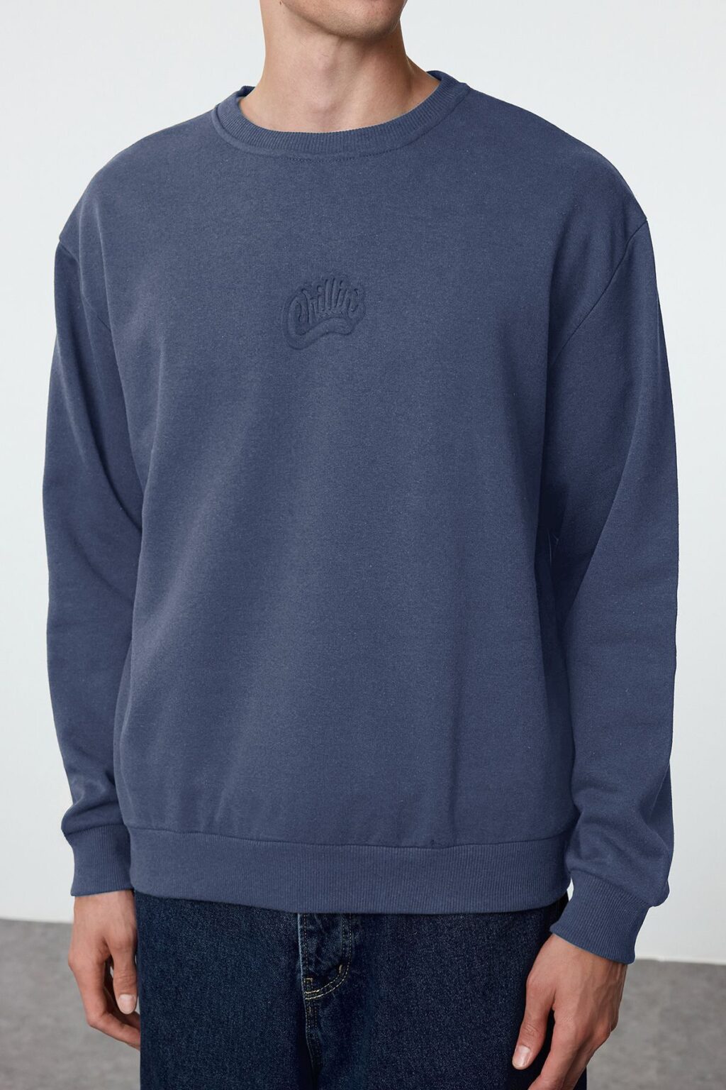 Trendyol Indigo Oversize/Wide Cut Embossed Text Printed Inside Polar Fleece Sweatshirt