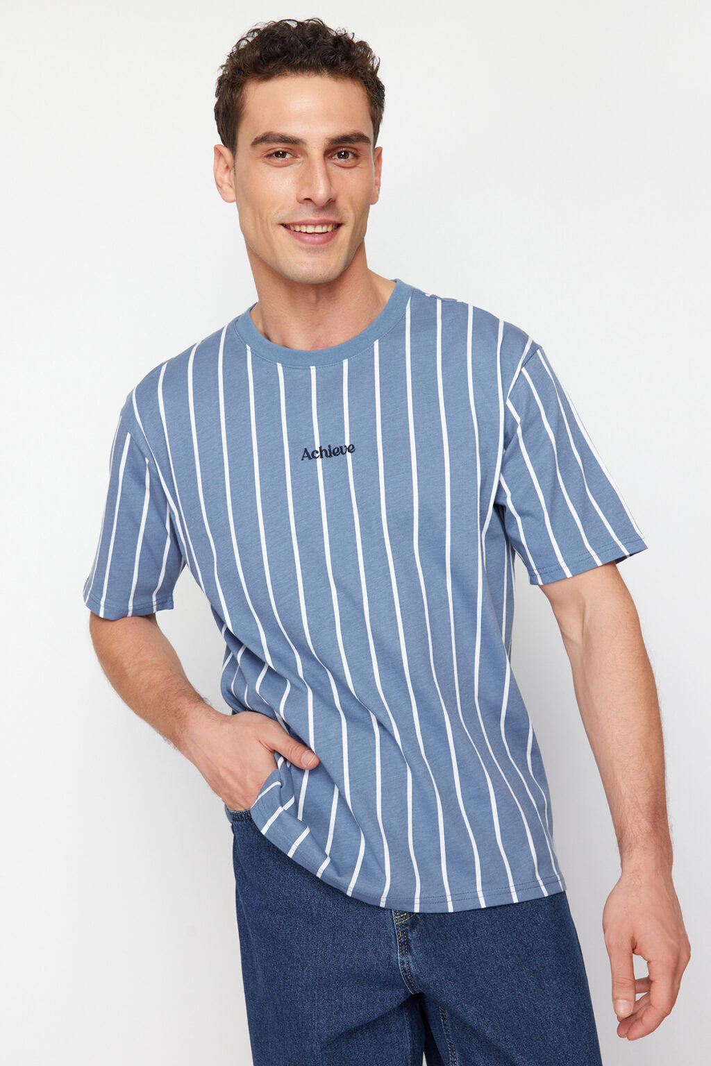 Trendyol Indigo Oversize/Wide Cut Striped 100% Cotton T-Shirt