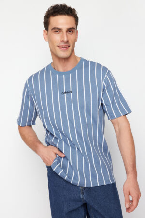 Trendyol Indigo Oversize/Wide Cut Striped 100% Cotton T-Shirt