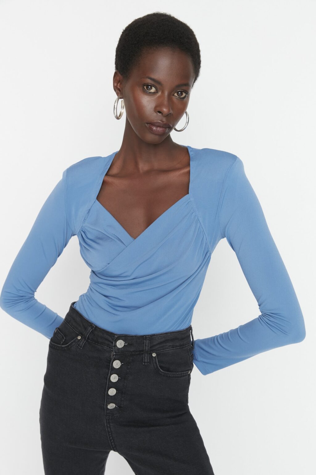 Trendyol Indigo Padded Drape Detailed Fitted Flexible Snap Fastener Knitted Body