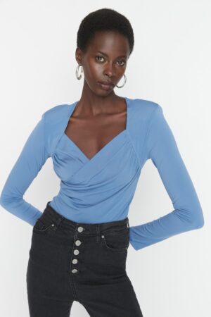 Trendyol Indigo Padded Drape Detailed Fitted Flexible Snap Fastener Knitted Body