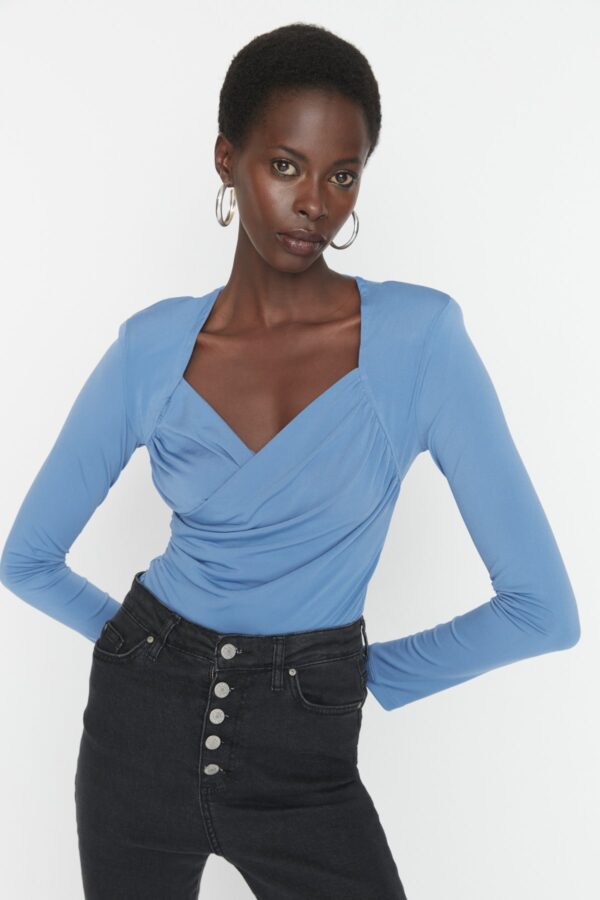 Trendyol Indigo Padded Drape Detailed Fitted Flexible Snap Fastener Knitted Body