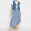 Trendyol Indigo Patterned Flounce Asymmetric High Waist Midi Flexible Knitted Skirt