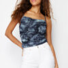 Trendyol Indigo Printed Adjustable Strap Cowl Neck Crop Flexible Tulle Knit Blouse