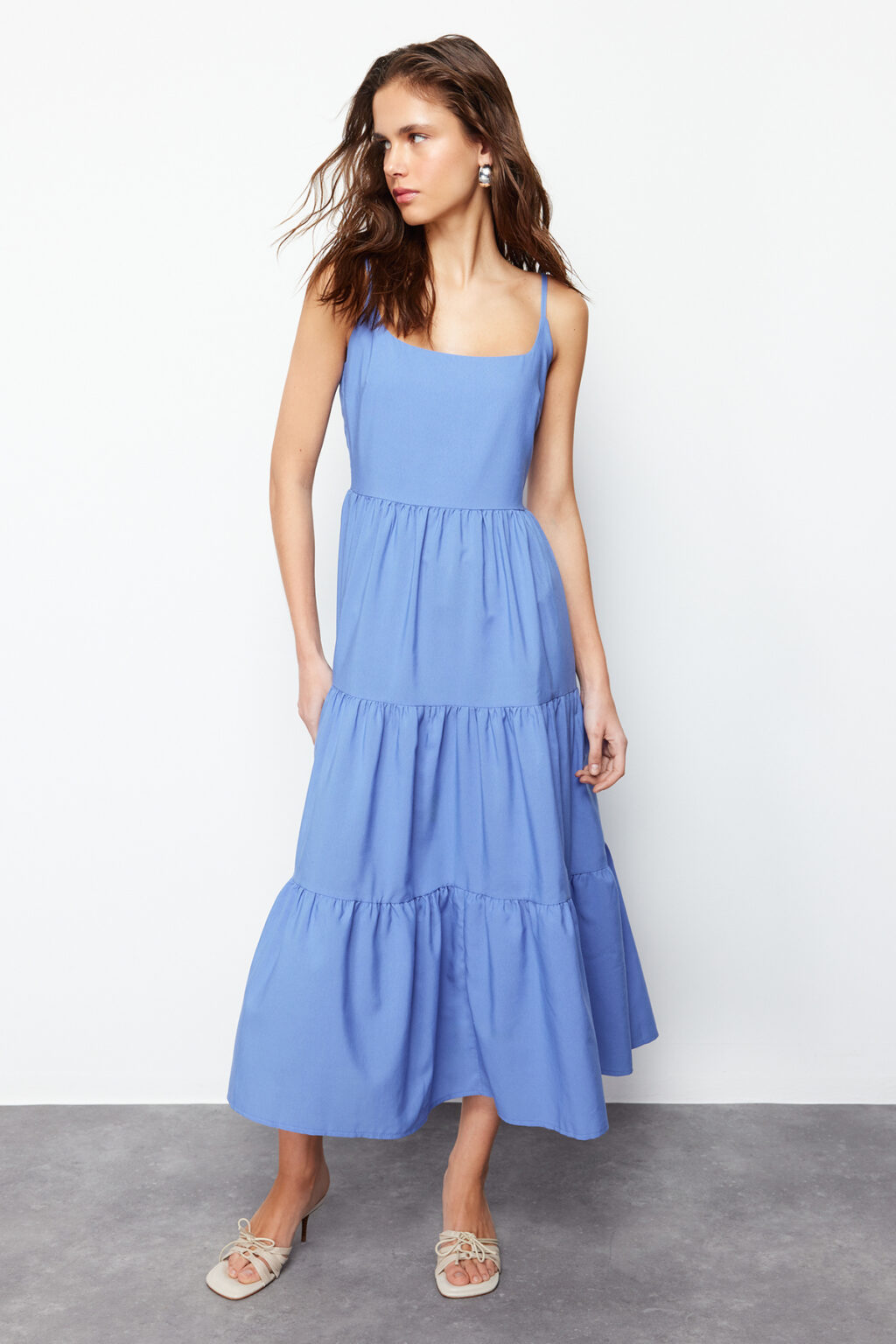 Trendyol Indigo Skirt Waist Opening Cotton Blend Maxi Woven Dress