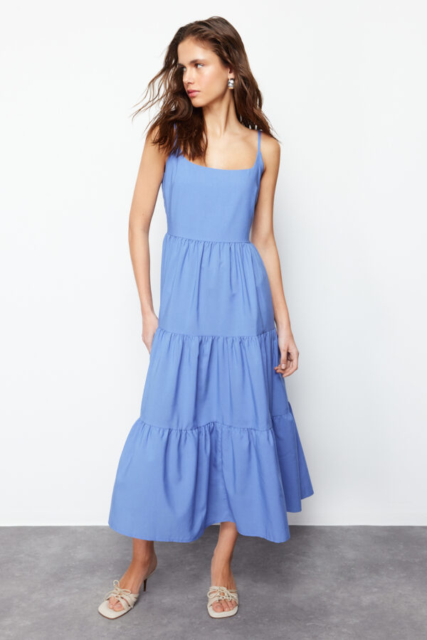 Trendyol Indigo Skirt Waist Opening Cotton Blend Maxi Woven Dress