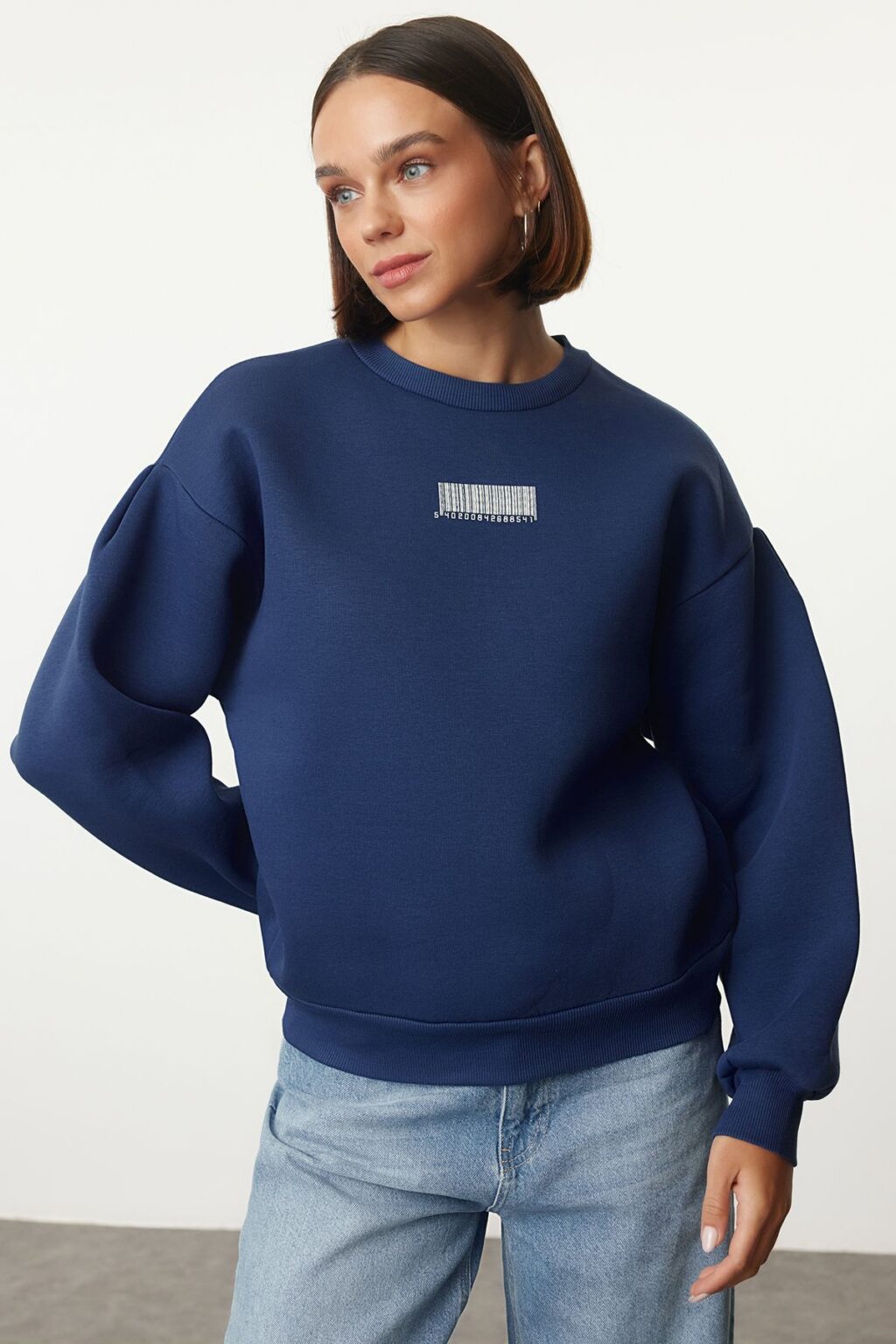 Trendyol Indigo Thick Inside Fleece Minimal Printed Balloon Sleeve Knitted Sweatshirt