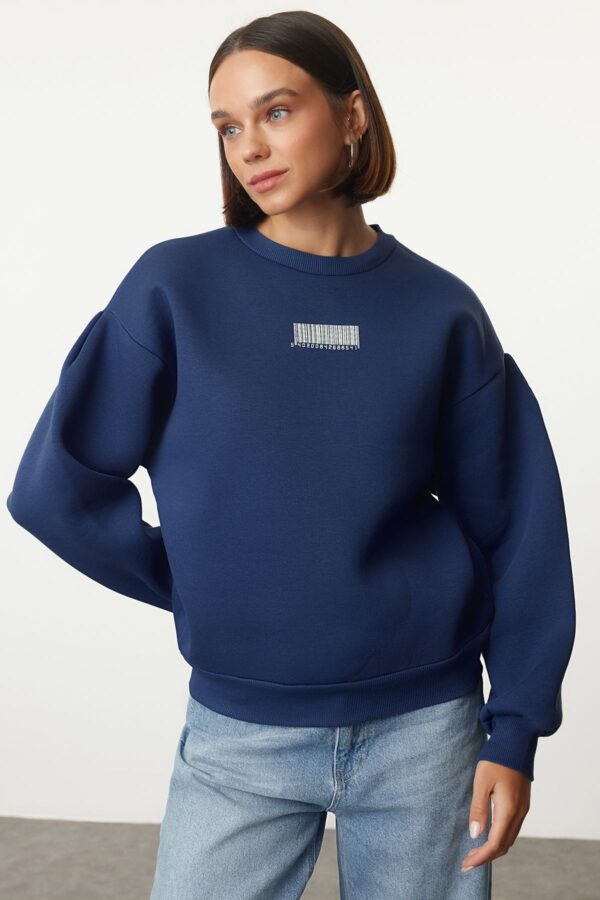 Trendyol Indigo Thick Inside Fleece Minimal Printed Balloon Sleeve Knitted Sweatshirt