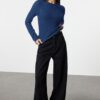 Trendyol Indigo Transparent Knitwear Look Fabric Regular Size Crew Neck Knitted Blouse