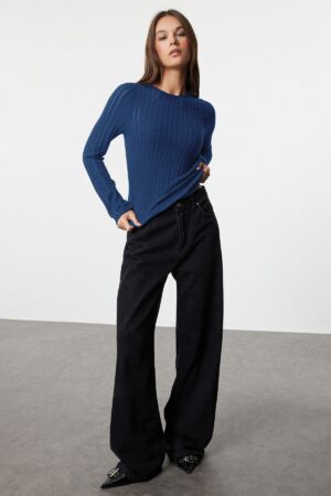 Trendyol Indigo Transparent Knitwear Look Fabric Regular Size Crew Neck Knitted Blouse