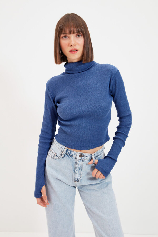 Trendyol Indigo Turtleneck Finger részletes bordázott kötött blúz