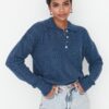 Trendyol Indigo Wide Fit puha texturált kötöttáru pulóver