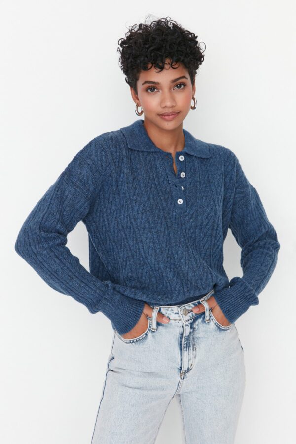 Trendyol Indigo Wide Fit puha texturált kötöttáru pulóver