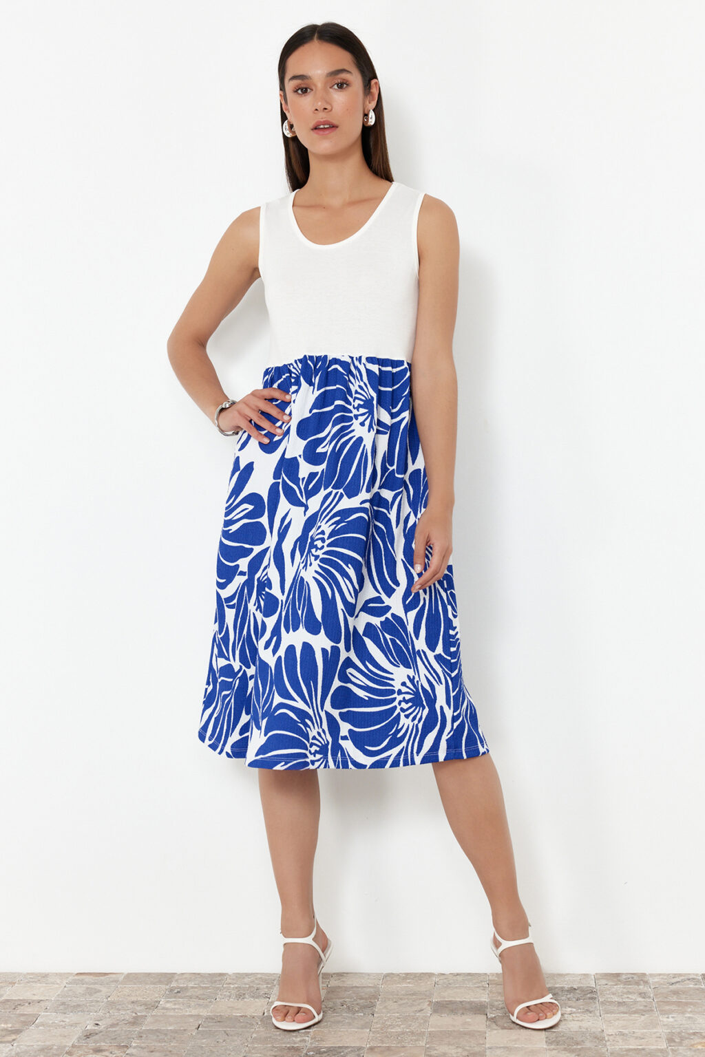 Trendyol Indigo Zero Sleeve Pool Collar Skirt Patterned Midi Knitted Dress