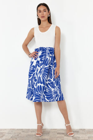 Trendyol Indigo Zero Sleeve Pool Collar Skirt Patterned Midi Knitted Dress
