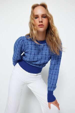 Trendyol Indigó ezüstös Tweed Look kötöttáru pulóver Kötöttáru pulóver