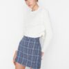 Trendyol Indigó kockás Tweed szövet Mini szőtt szoknya
