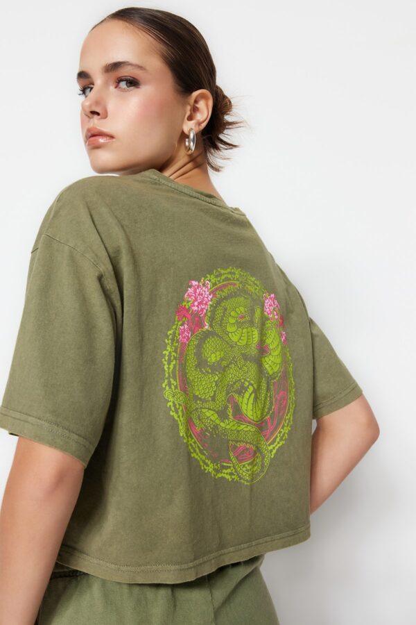 Trendyol Khaki 100% Cotton Faded Effect Back Printed Crop Crew Neck Knitted T-Shirt