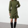 Trendyol Khaki A-Line Stand Collar Mini Woven Dress with Pleated Skirt