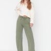 Trendyol Khaki Antik / Faded Effect Széles láb / széles láb normál derék Vékony kötött melegítőnadrág