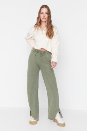 Trendyol Khaki Antik / Faded Effect Széles láb / széles láb normál derék Vékony kötött melegítőnadrág