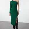 Trendyol Khaki Asymmetrical Collar Fitted Slit Detailed Midi Knitted Dress