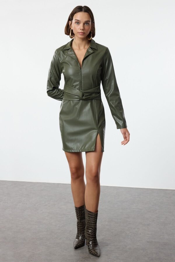 Trendyol Khaki Belted Body-hugging Slit Detailed Woven Dress