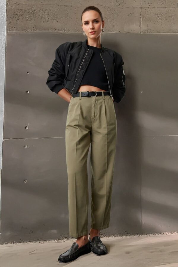 Trendyol Khaki Belted High Waist Mom Jeans