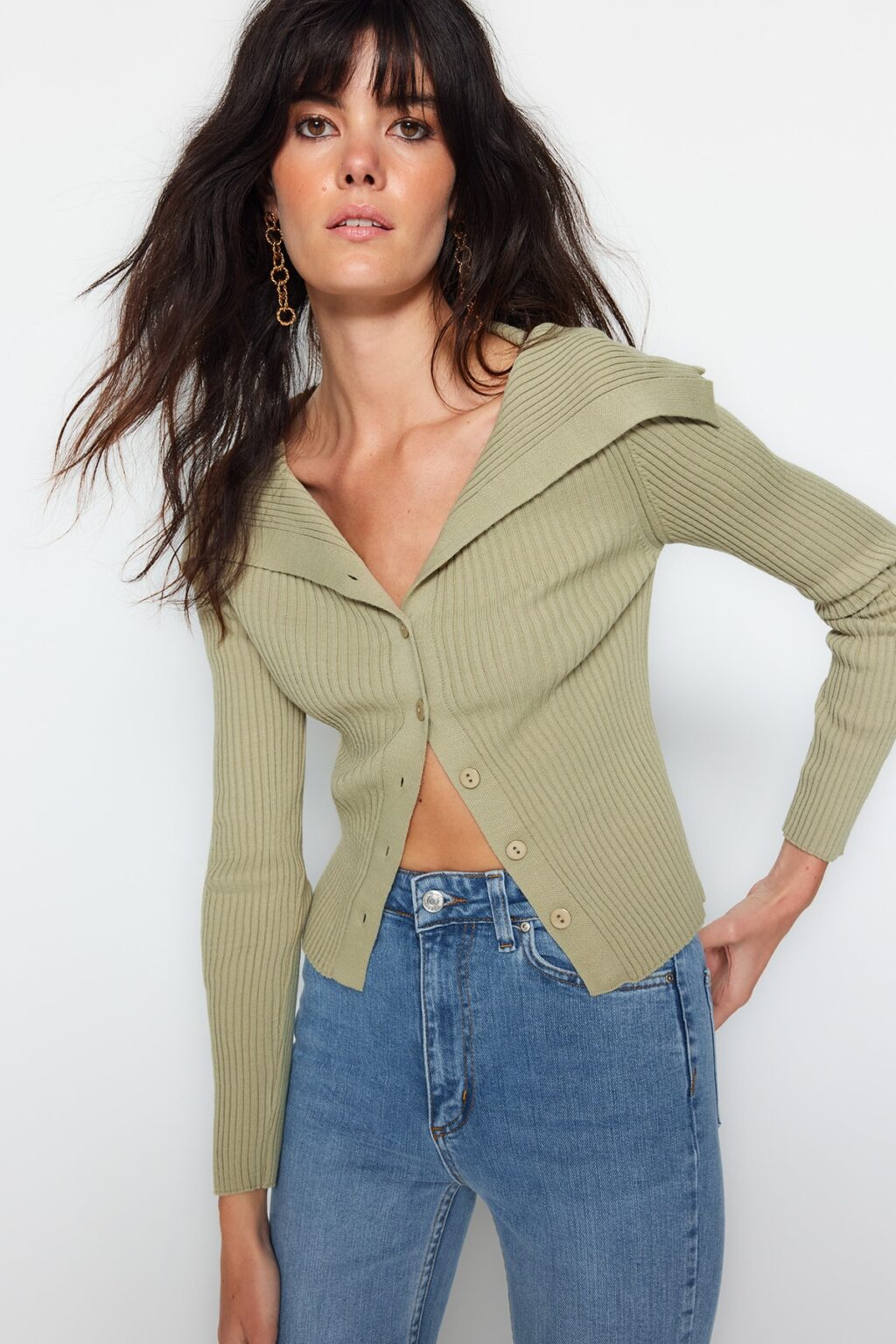 Trendyol Khaki Crop Turndown nyak kötöttáru Cardigan
