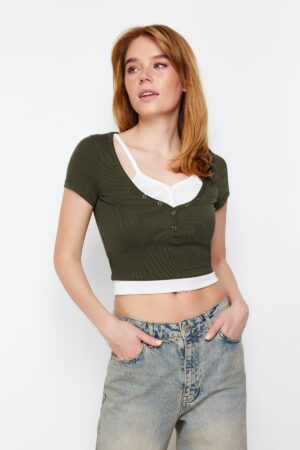 Trendyol Khaki Double Layer Detailed Fitted/Body Hugging Ribbed Stretchy Knitted Blouse