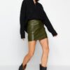 Trendyol Khaki Faux Leather Cargo Pocket High Waist Fitted Mini Knitted Skirt