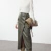 Trendyol Khaki Faux Leather Midi Woven Skirt
