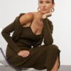 Trendyol Khaki Fitted Midi Knitwear Cardigan Dress Suit