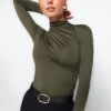 Trendyol Khaki Gathered Detailed High Neck Snap Snap Elastic Knitted Body